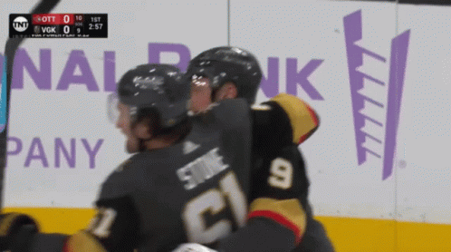 A Hockey Player With The Number 9 On His Back Hugging Another Player GIF
