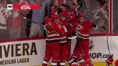 A Hockey Team Celebrates A Goal In Front Of A Riviera Advertisement GIF