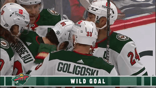 A Hockey Team Celebrates A Wild Goal With A Banner Behind Them GIF