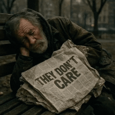 A Homeless Man Sleeping On A Bench With A Newspaper That Says They Don 'T Care GIF