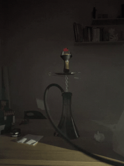 A Hookah With Smoke Coming Out Of It Is On A Table In The Dark GIF