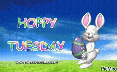 A Hoppy Tuesday Greeting Card With A Bunny Holding An Egg GIF