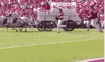 A Horse Drawn Wagon With A Sign That Says Sooner Schooner GIF