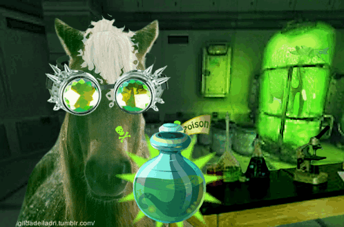 A Horse Is Holding A Bottle Of Poison In Front Of A Green Room GIF