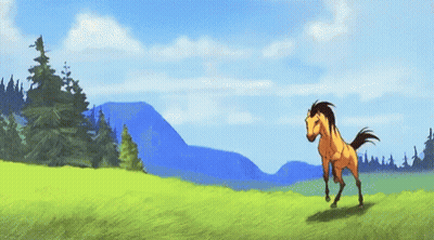 A Horse Is Running In A Grassy Field With Mountains In The Background . GIF