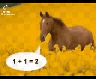 A Horse Is Standing In A Field Of Yellow Flowers With A Speech Bubble That Says 1 + 1 = 2 . GIF