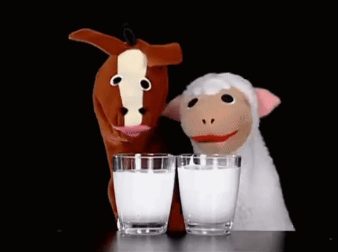 A Horse Puppet And A Sheep Puppet Are Drinking Milk From Glasses GIF