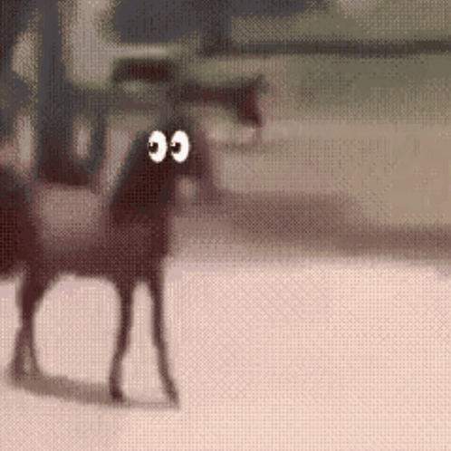 A Horse With Googly Eyes Is Standing On A White Surface GIF