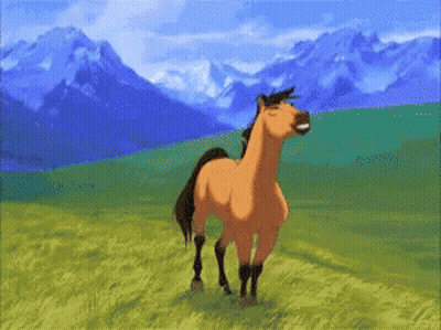 A Horse With Mountains In The Background Is Standing In A Field GIF