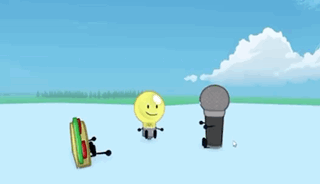 A Hot Dog A Light Bulb And A Microphone Are Standing On A Snowy Field GIF