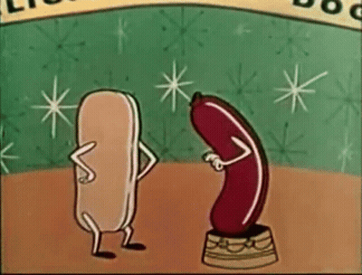 A Hot Dog And A Sausage Are Standing Next To Each Other In A Cartoon . GIF