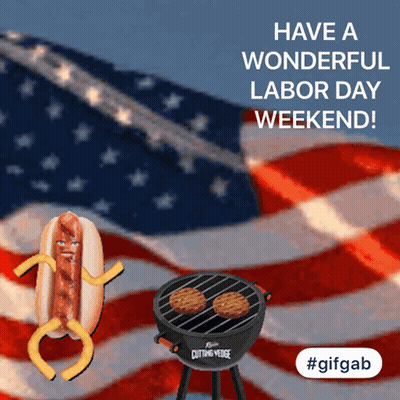A Hot Dog And French Fries Are Dancing In Front Of An American Flag With The Words Have A Wonderful Labor Day Weekend Wr GIF