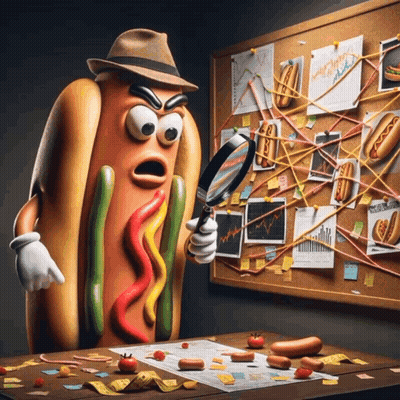 A Hot Dog Is Looking Through A Magnifying Glass At A Bulletin Board Full Of Hot Dogs GIF