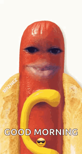 A Hot Dog With A Face On It And The Words Good Morning Written Below It GIF