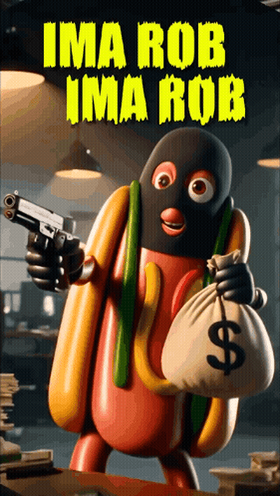 A Hot Dog With A Gun And A Bag Of Money GIF