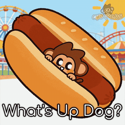 a hot dog with a monkey sticking its head out of it and the words what 's up dog below it