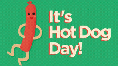 A Hot Dog With Arms And Legs Is On A Green Background With The Words It 'S Hot Dog Day . GIF