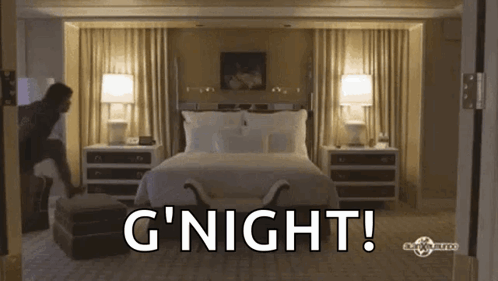 A Hotel Room With The Words G ' Night On The Bottom GIF