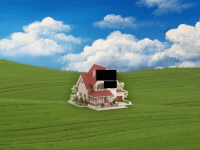 A House In The Middle Of A Grassy Field With A Black Square In The Middle GIF