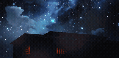 A House Is Lit Up At Night With A Starry Sky Behind It GIF