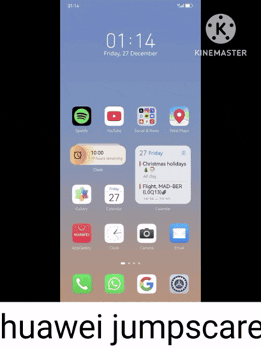 A Huawei Jumpscare Screen Shows The Time As 1:14 GIF