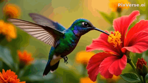 A Hummingbird Is Perched On A Red Flower With Pixverse.ai Written In The Corner GIF