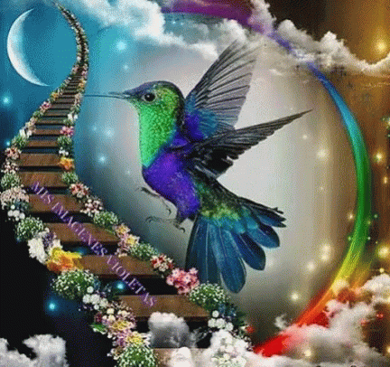 A Hummingbird Is Sitting On A Staircase With Flowers And A Rainbow In The Background GIF