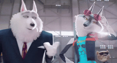 A Husky And A Fox Are Standing Next To Each Other In A Room GIF