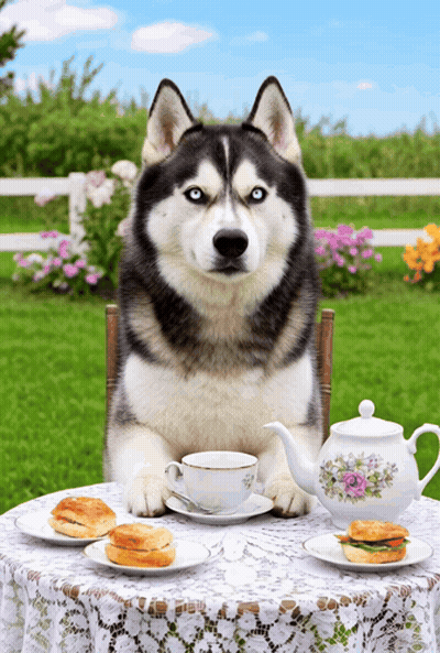 A Husky Dog Sitting At A Table With A Cup Of Tea GIF