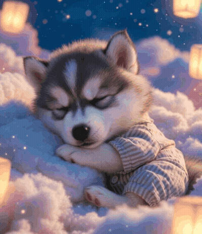 A Husky Puppy In Pajamas Is Sleeping On A Cloud GIF