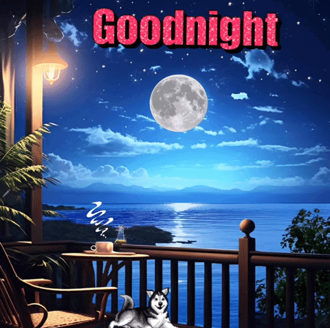 A Husky Sleeping On A Porch With A Full Moon In The Background And The Words Goodnight GIF