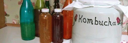 A Jar Of Kombucha Sits On A Counter Next To Several Bottles GIF
