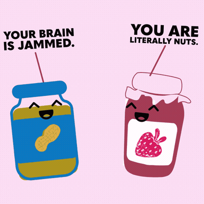 A Jar Of Peanut Butter And A Jar Of Strawberry Jam With Hearts And The Words " Your Brain Is Jammed " GIF