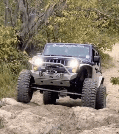 A Jeep With A Ladyjeepers.com Sticker On The Windshield Is Driving Through The Woods GIF
