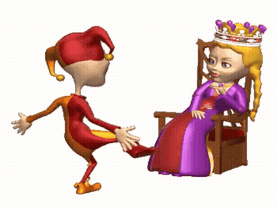 A Jester Is Standing Next To A Princess In A Chair GIF
