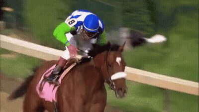 A Jockey Is Riding A Horse In A Race With The Number 8 On His Jersey . GIF