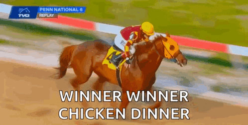 A Jockey Riding A Horse On A Race Track With The Words " Winner Winner Chicken Dinner " Written On The Bottom GIF
