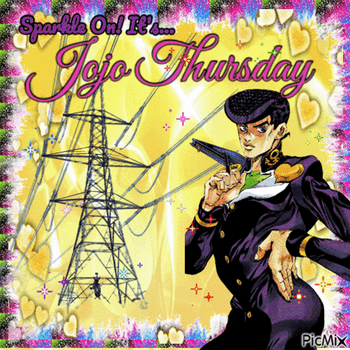 A Jojo Thursday Greeting Card With A Man In A Purple Suit GIF
