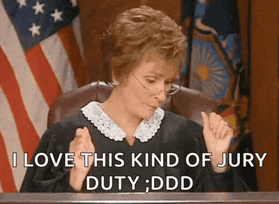 A Judge Sitting In Front Of An American Flag Says " I Love This Kind Of Jury Duty Ddd " GIF