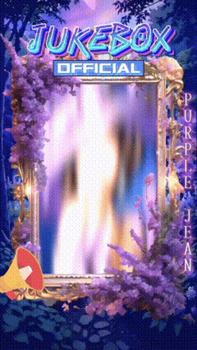 A Jukebox Official Purple Jean Poster With A Waterfall In The Background GIF