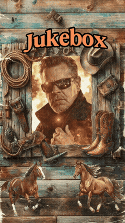 A Jukebox Poster With A Picture Of A Cowboy And Horses GIF