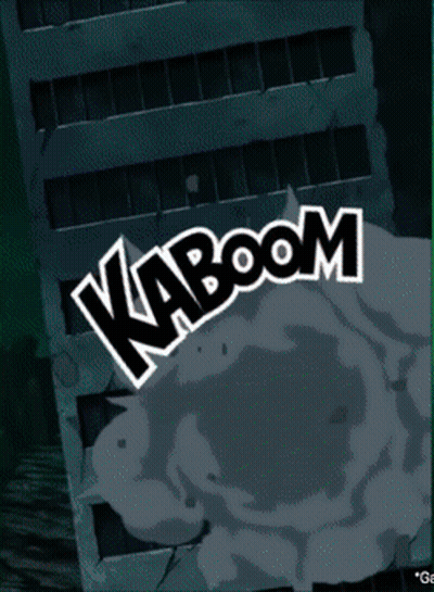 A Kaboom Logo Is Displayed In Front Of A Destroyed Building GIF