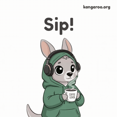 A Kangaroo Wearing Headphones Is Holding A Cup Of Coffee That Says Coffee Lover On It GIF