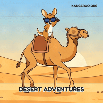 A Kangaroo Wearing Sunglasses Is Riding On The Back Of A Camel In The Desert GIF