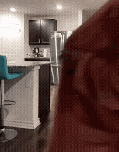 A Kitchen With A Stainless Steel Refrigerator And A Blue Bar Stool GIF
