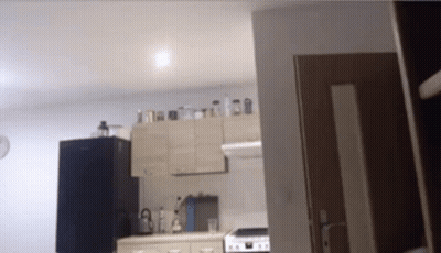 A Kitchen With A Stove And A Refrigerator In It GIF