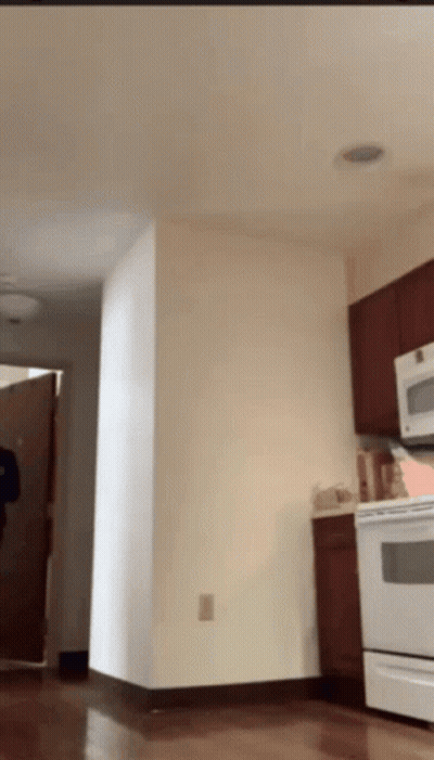 A Kitchen With A White Stove And A Brown Cabinet GIF