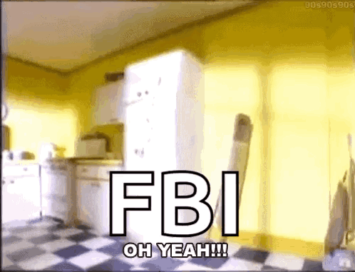 A Kitchen With The Words Fbi Oh Yeah Written On It GIF