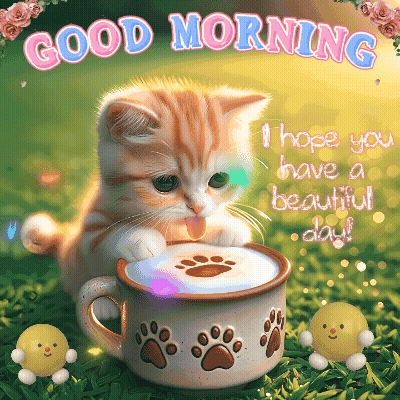 A Kitten Drinking From A Cup Of Coffee With The Words Good Morning Written On It GIF