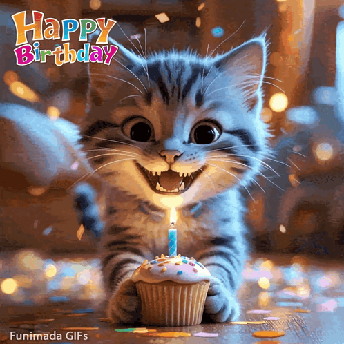 A Kitten Is Holding A Cupcake With A Candle And The Words Happy Birthday Written Above It GIF